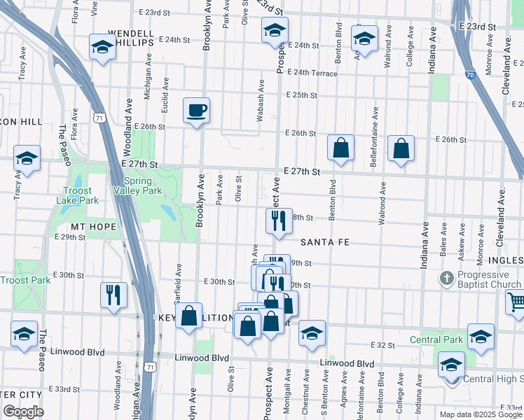 map of restaurants, bars, coffee shops, grocery stores, and more near 2806 Wabash Avenue in Kansas City