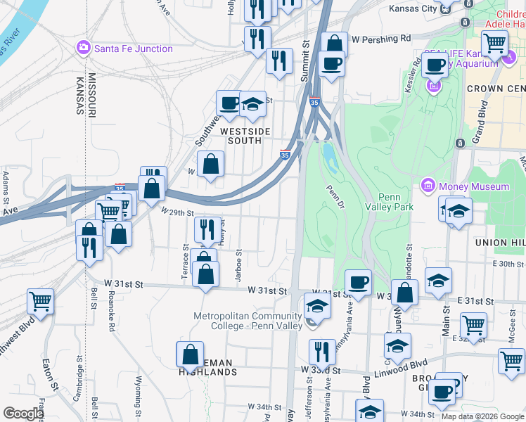 map of restaurants, bars, coffee shops, grocery stores, and more near 908 West 29th Street in Kansas City
