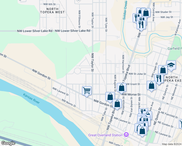 map of restaurants, bars, coffee shops, grocery stores, and more near 1335 Northwest Taylor Street in Topeka