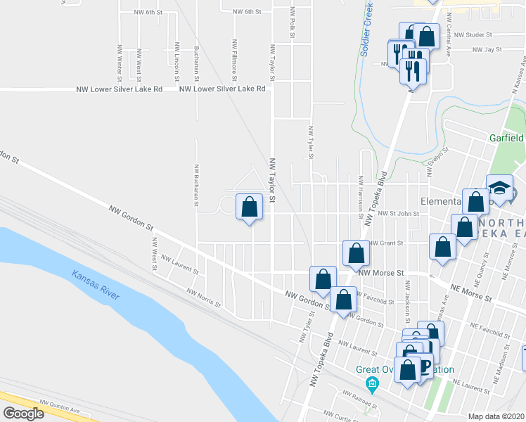 map of restaurants, bars, coffee shops, grocery stores, and more near 1335 Northwest Taylor Street in Topeka