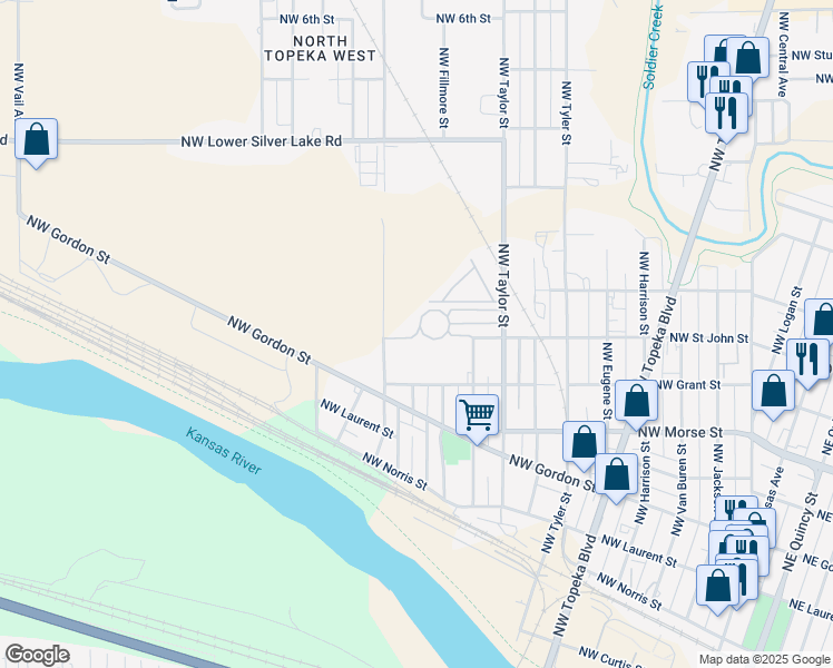 map of restaurants, bars, coffee shops, grocery stores, and more near 1105 Northwest Starlight Circle in Topeka
