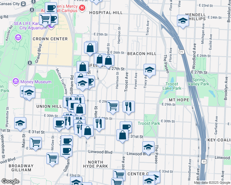map of restaurants, bars, coffee shops, grocery stores, and more near 2833 Harrison Street in Kansas City