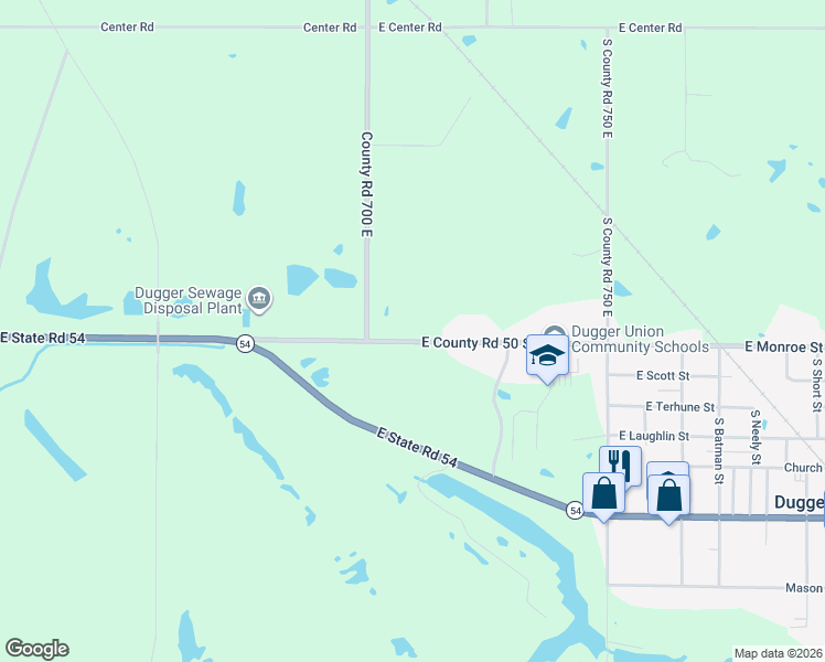 map of restaurants, bars, coffee shops, grocery stores, and more near 7085 East County Road 50 South in Dugger