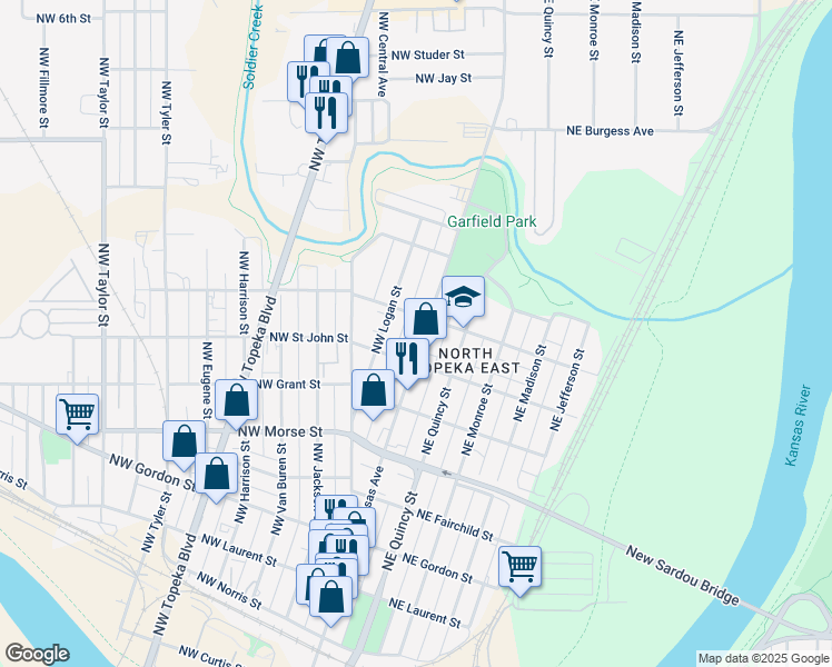 map of restaurants, bars, coffee shops, grocery stores, and more near 1423 North Kansas Avenue in Topeka