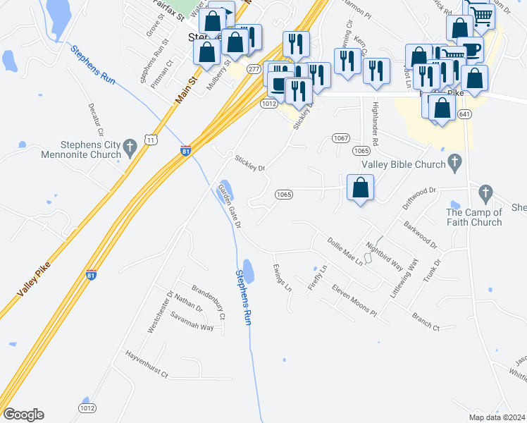 map of restaurants, bars, coffee shops, grocery stores, and more near 504 Ridgefield Avenue in Stephens City