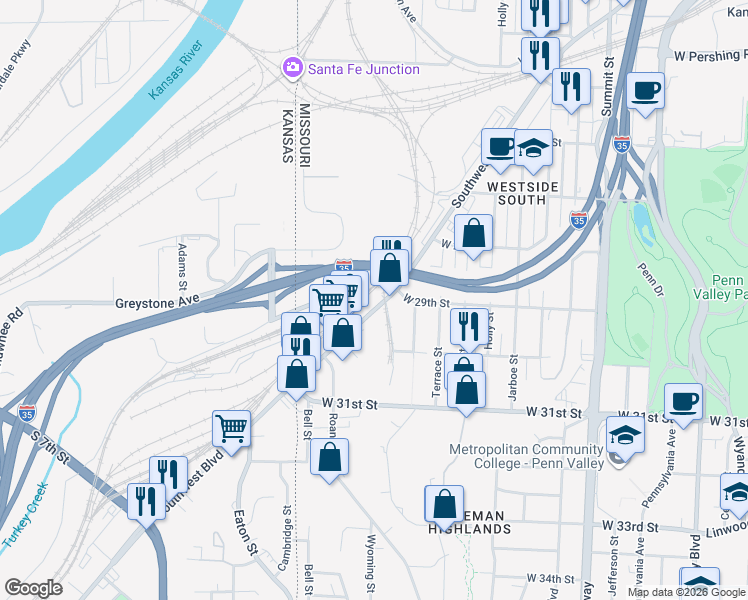 map of restaurants, bars, coffee shops, grocery stores, and more near 2998 Liberty Street in Kansas City