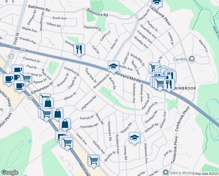 map of restaurants, bars, coffee shops, grocery stores, and more near 1401 Langbrook Place in Rockville