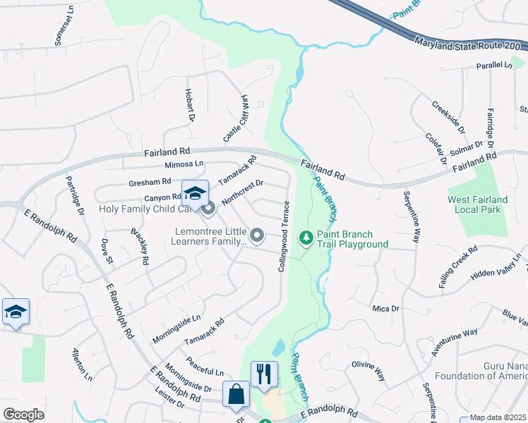 map of restaurants, bars, coffee shops, grocery stores, and more near 1604 Timberline Road in Silver Spring