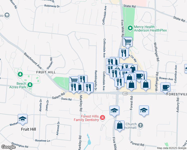 map of restaurants, bars, coffee shops, grocery stores, and more near 1310 Rambling Hills Drive in Cincinnati