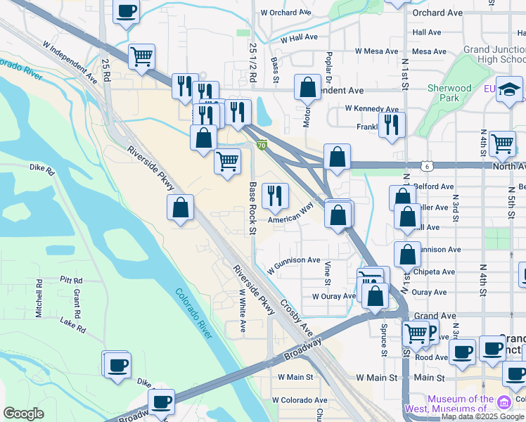 map of restaurants, bars, coffee shops, grocery stores, and more near 2550 American Way in Grand Junction