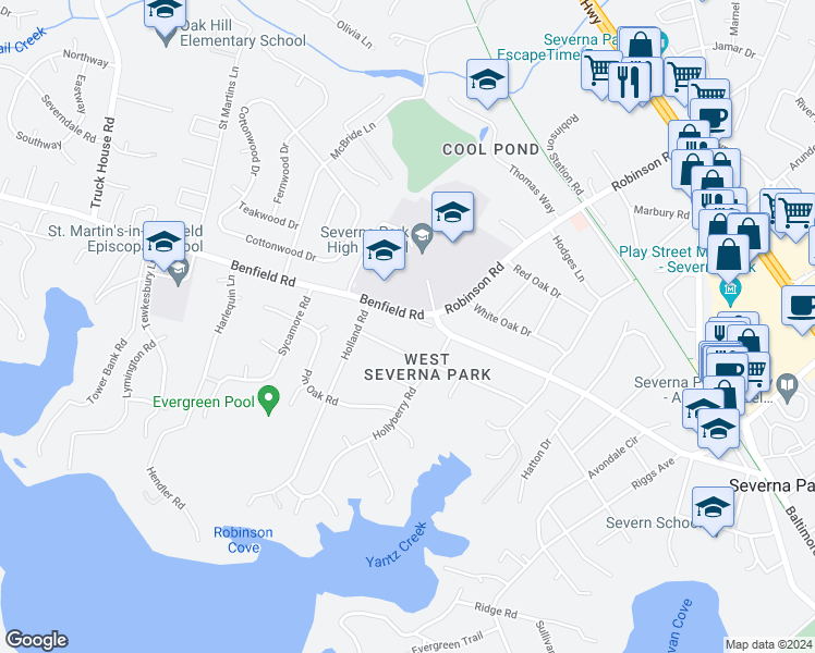 map of restaurants, bars, coffee shops, grocery stores, and more near 109 Benfield Road in Severna Park