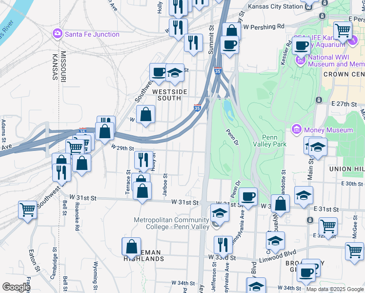 map of restaurants, bars, coffee shops, grocery stores, and more near 908 West 29th Street in Kansas City