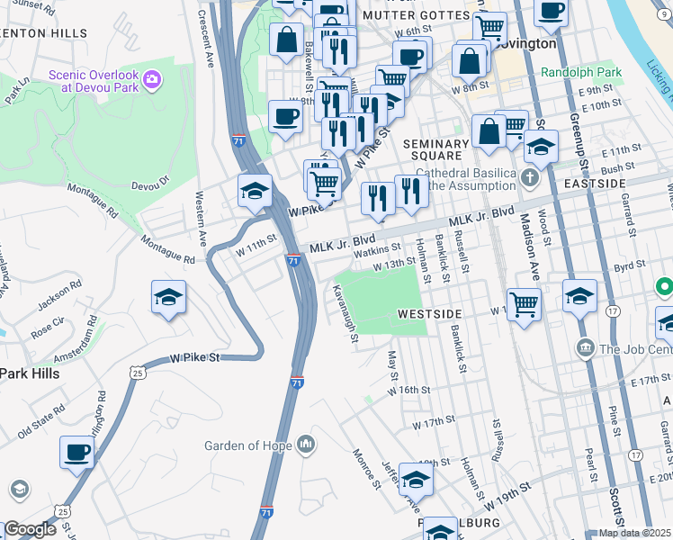 map of restaurants, bars, coffee shops, grocery stores, and more near 520 West 13th Street in Covington