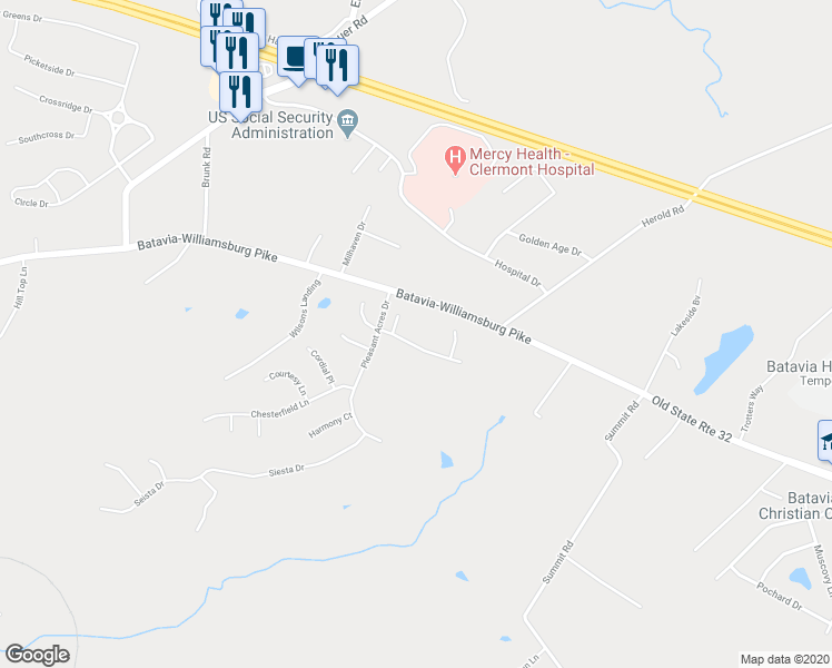 map of restaurants, bars, coffee shops, grocery stores, and more near 2324 Pleasant Meadows Drive in Batavia