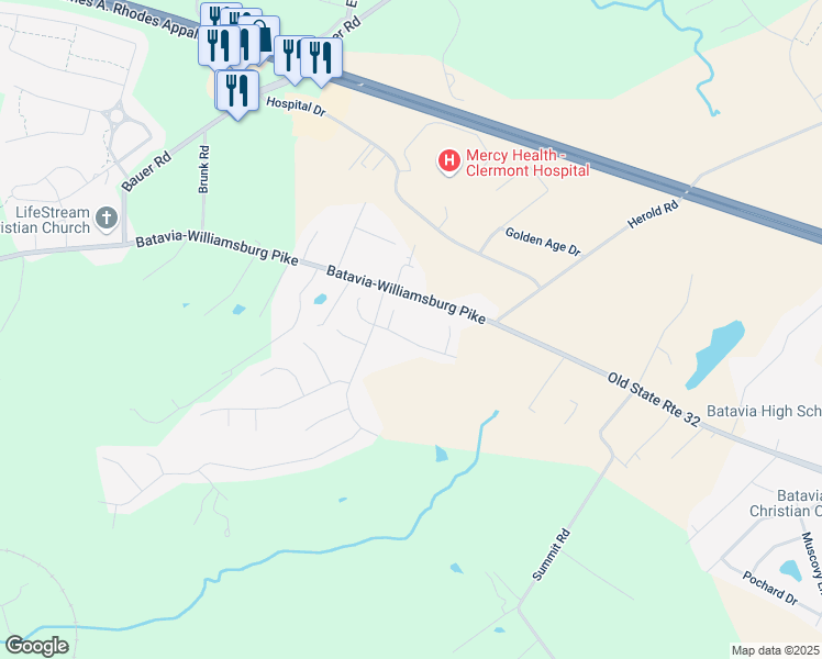 map of restaurants, bars, coffee shops, grocery stores, and more near 2330 Pleasant Meadows Drive in Batavia