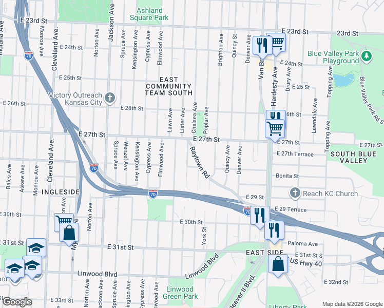 map of restaurants, bars, coffee shops, grocery stores, and more near 2737 Chelsea Avenue in Kansas City