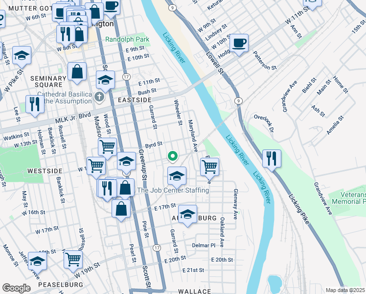 map of restaurants, bars, coffee shops, grocery stores, and more near 1413 Wheeler Street in Covington