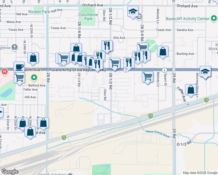 map of restaurants, bars, coffee shops, grocery stores, and more near 484 Glen Road in Grand Junction
