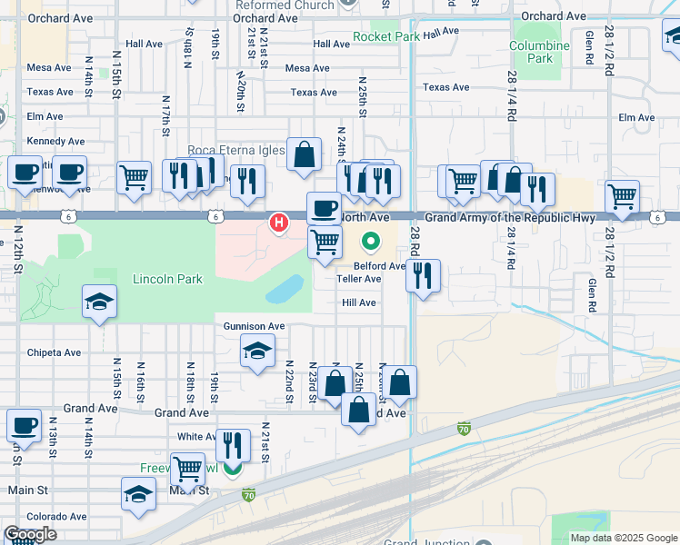 map of restaurants, bars, coffee shops, grocery stores, and more near 2404 Teller Avenue in Grand Junction