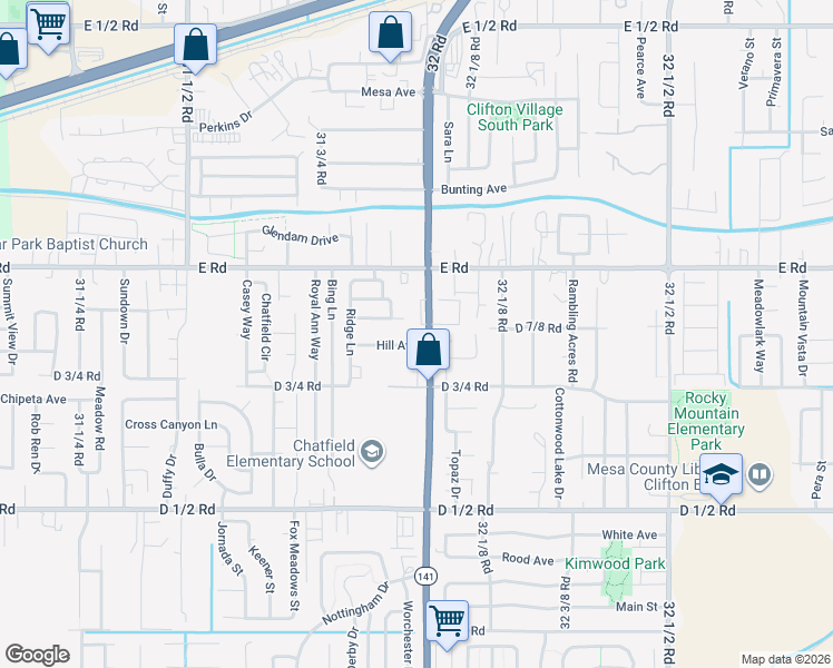 map of restaurants, bars, coffee shops, grocery stores, and more near 3198 Hill Avenue in Grand Junction