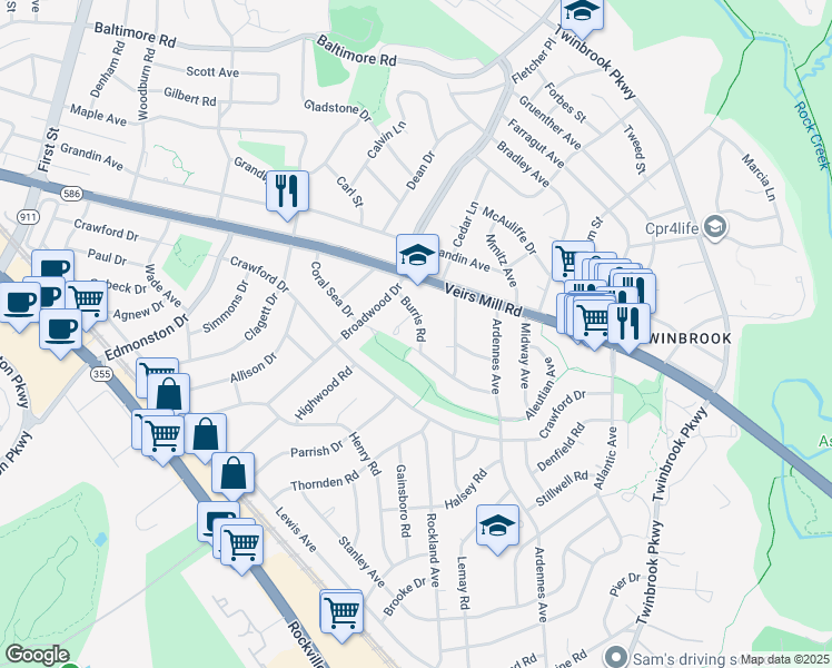 map of restaurants, bars, coffee shops, grocery stores, and more near 1611 Burris Road in Rockville