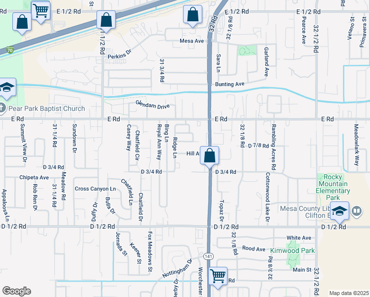 map of restaurants, bars, coffee shops, grocery stores, and more near 3186 Hill Avenue in Grand Junction