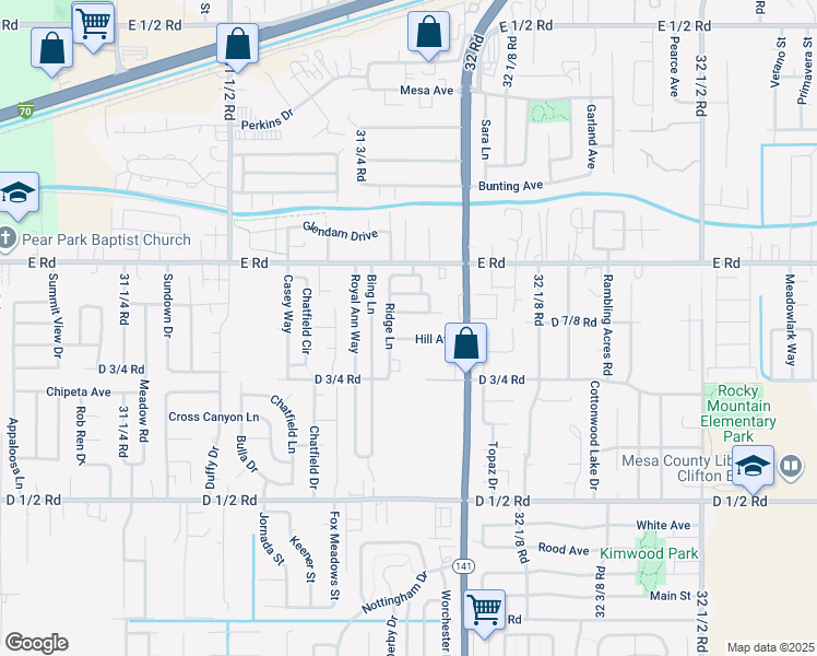 map of restaurants, bars, coffee shops, grocery stores, and more near 3186 Hill Avenue in Grand Junction