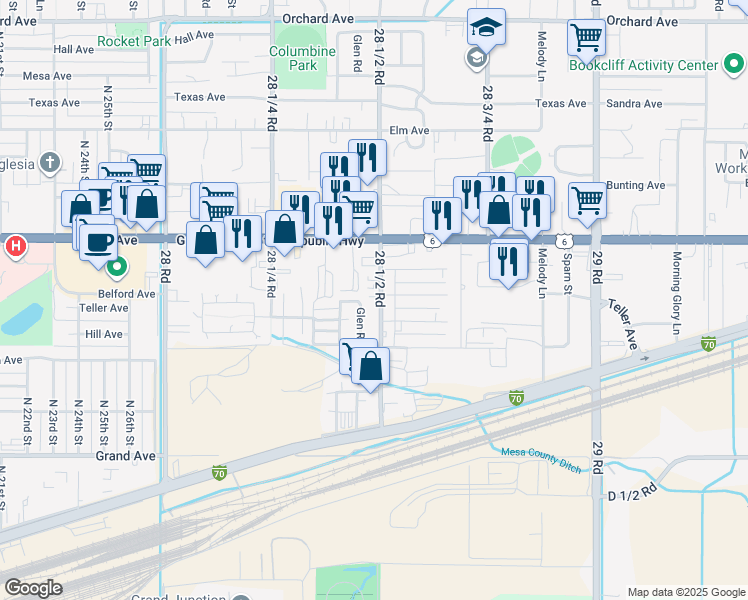map of restaurants, bars, coffee shops, grocery stores, and more near 484 Glen Road in Grand Junction