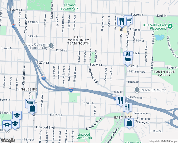 map of restaurants, bars, coffee shops, grocery stores, and more near 2737 Chelsea Avenue in Kansas City