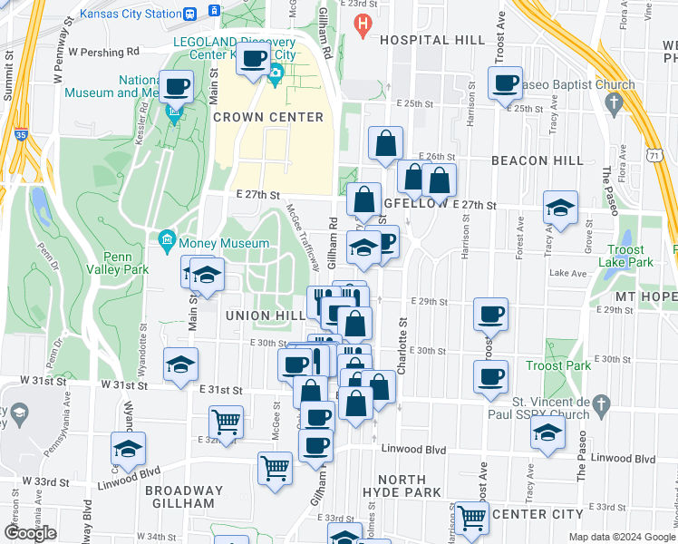 map of restaurants, bars, coffee shops, grocery stores, and more near in Kansas City
