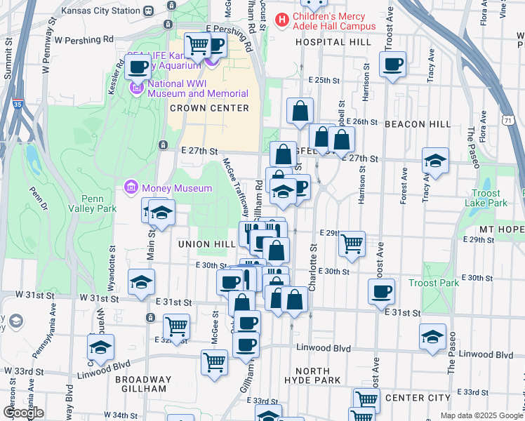map of restaurants, bars, coffee shops, grocery stores, and more near 600 East 28th Street in Kansas City