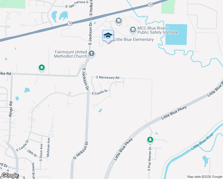 map of restaurants, bars, coffee shops, grocery stores, and more near 20117 East Castle Drive in Independence