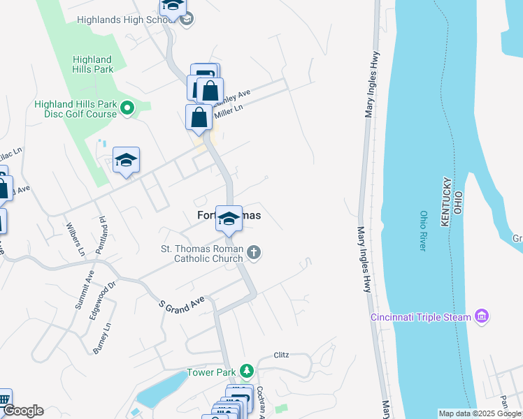 map of restaurants, bars, coffee shops, grocery stores, and more near 106 Manor Lane in Fort Thomas