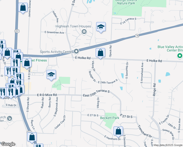 map of restaurants, bars, coffee shops, grocery stores, and more near 2405 Bridger Drive in Independence