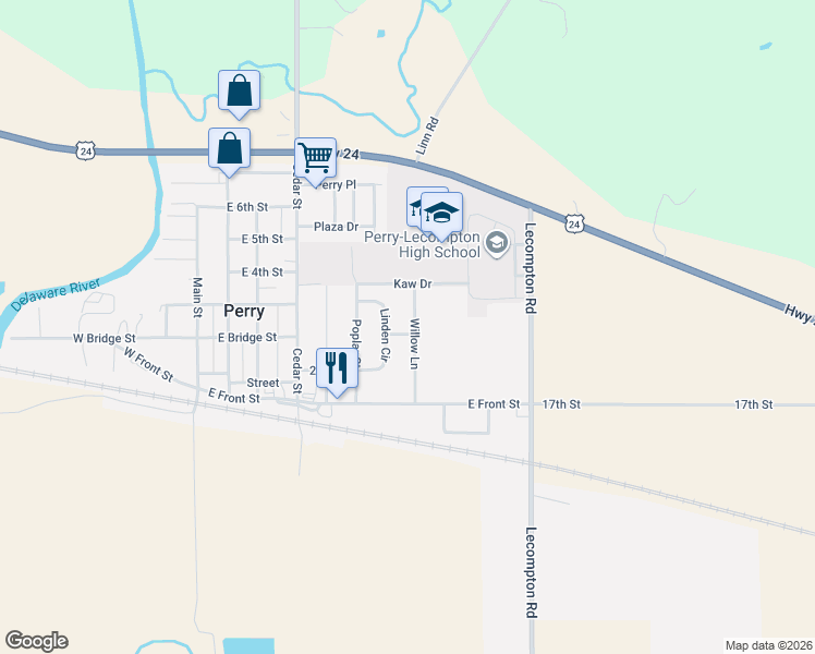 map of restaurants, bars, coffee shops, grocery stores, and more near 206 Willow Lane in Perry