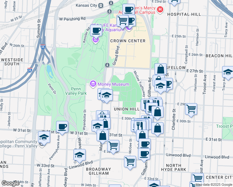 map of restaurants, bars, coffee shops, grocery stores, and more near 104 East 28 Terrace in Kansas City