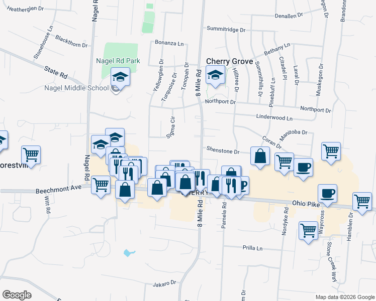 map of restaurants, bars, coffee shops, grocery stores, and more near 1345 8 Mile Road in Cincinnati