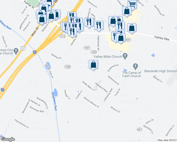 map of restaurants, bars, coffee shops, grocery stores, and more near 107 Grove Court in Stephens City