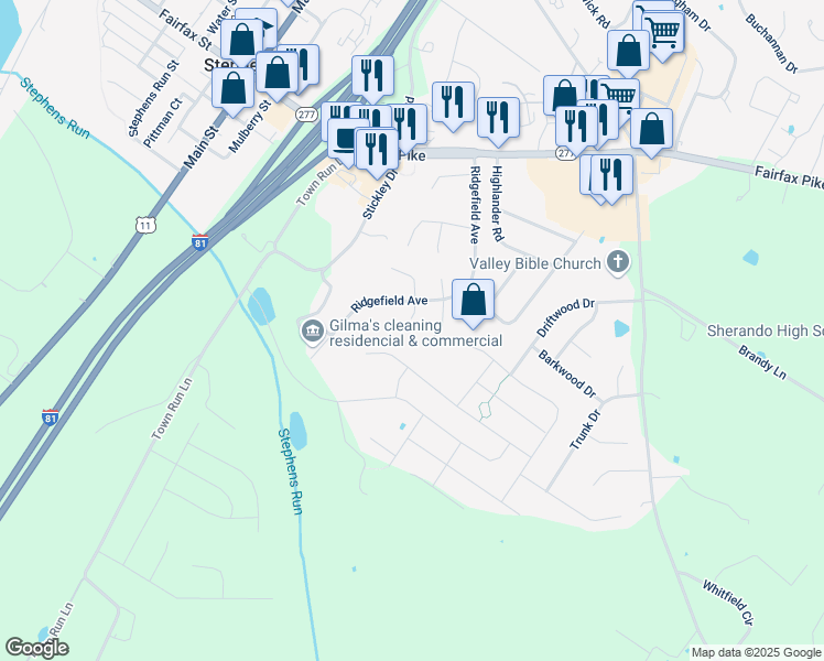 map of restaurants, bars, coffee shops, grocery stores, and more near 114 Grove Court in Stephens City