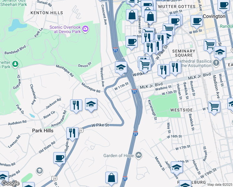map of restaurants, bars, coffee shops, grocery stores, and more near 701 West 12th Street in Covington