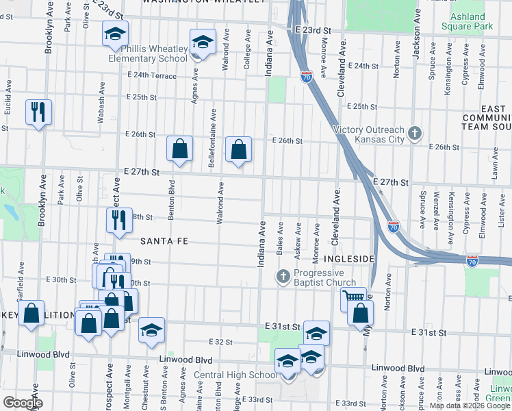 map of restaurants, bars, coffee shops, grocery stores, and more near 2750 Indiana Avenue in Kansas City