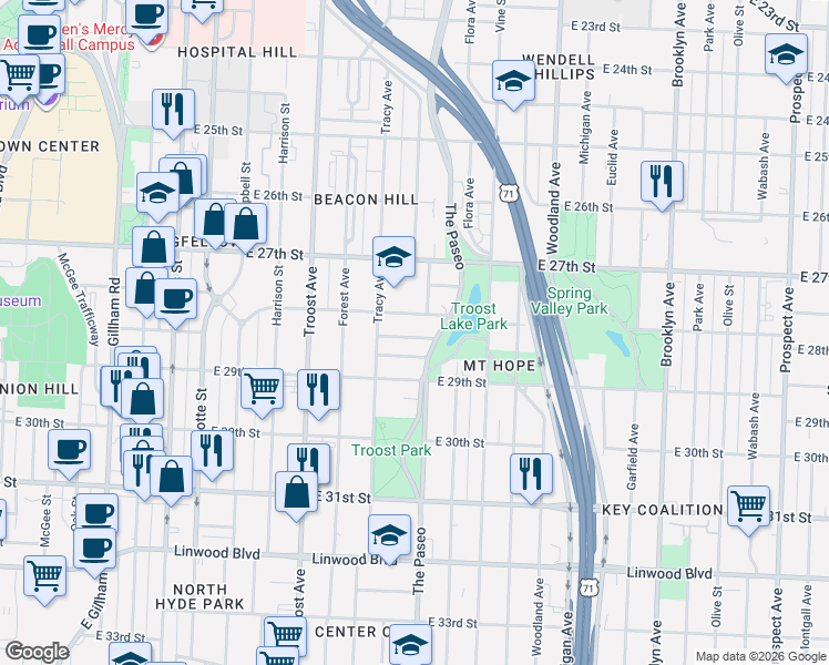 map of restaurants, bars, coffee shops, grocery stores, and more near 1319 Lake Avenue in Kansas City