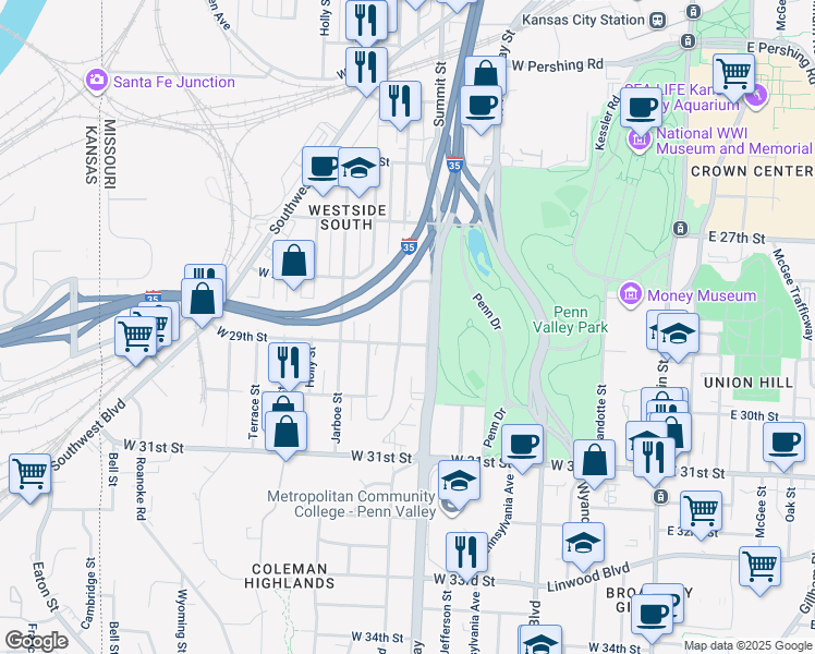 map of restaurants, bars, coffee shops, grocery stores, and more near 2850 Summit Street in Kansas City