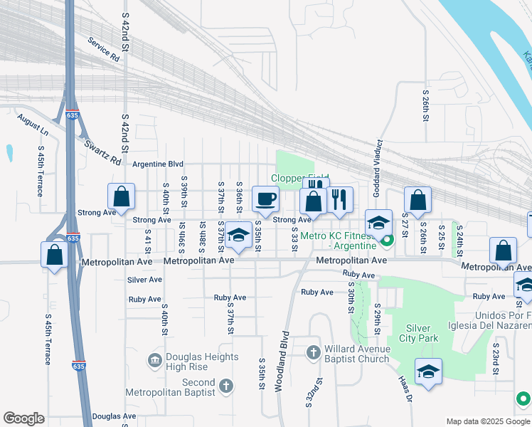 map of restaurants, bars, coffee shops, grocery stores, and more near 3317 Strong Avenue in Kansas City