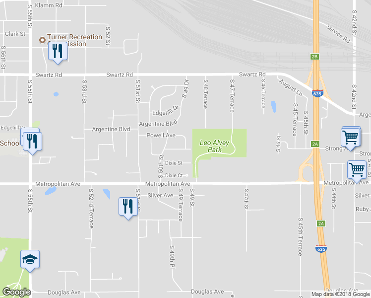 map of restaurants, bars, coffee shops, grocery stores, and more near S 49 Terrace & Strong Ave in Kansas City