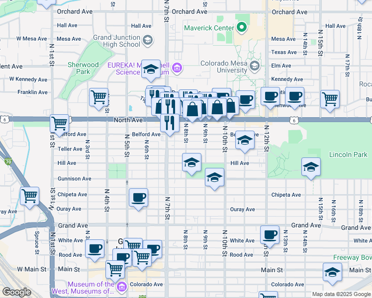 map of restaurants, bars, coffee shops, grocery stores, and more near 899 North 8th Street in Grand Junction