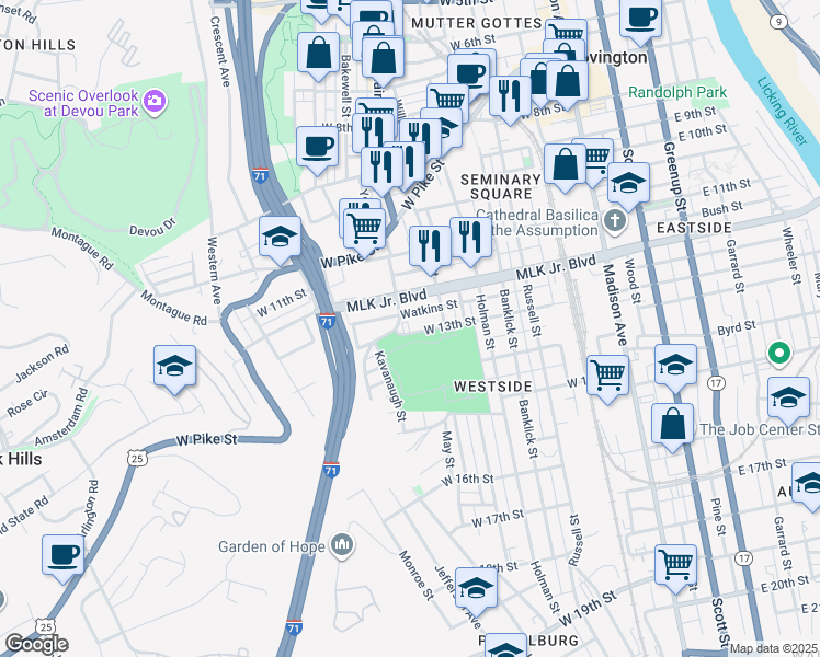 map of restaurants, bars, coffee shops, grocery stores, and more near 436 West 13th Street in Covington