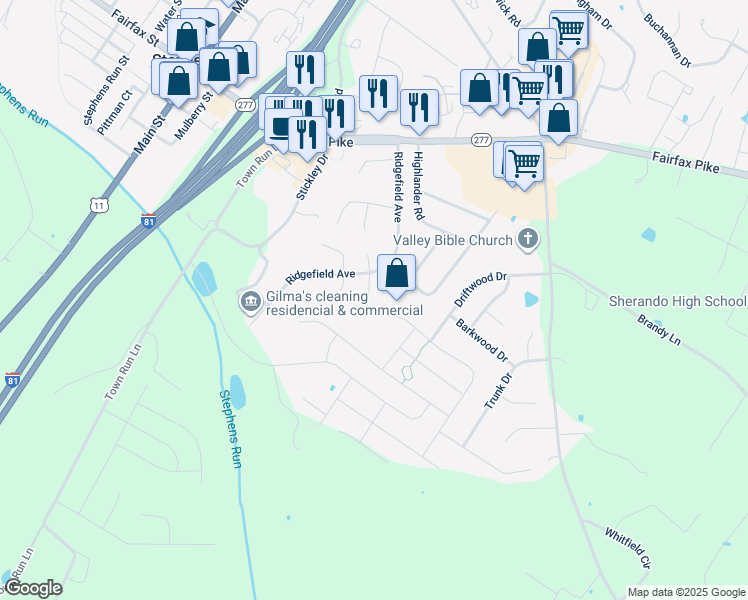 map of restaurants, bars, coffee shops, grocery stores, and more near 107 Grove Court in Stephens City