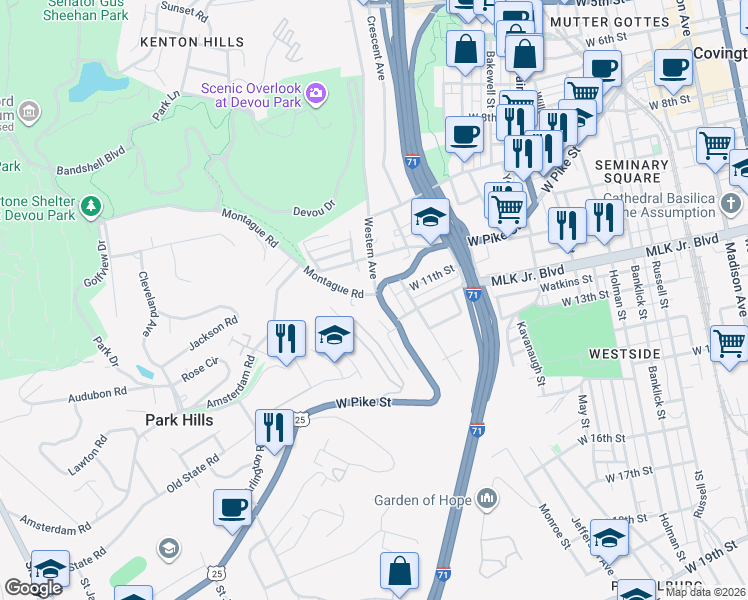 map of restaurants, bars, coffee shops, grocery stores, and more near 1103 West Pike Street in Covington