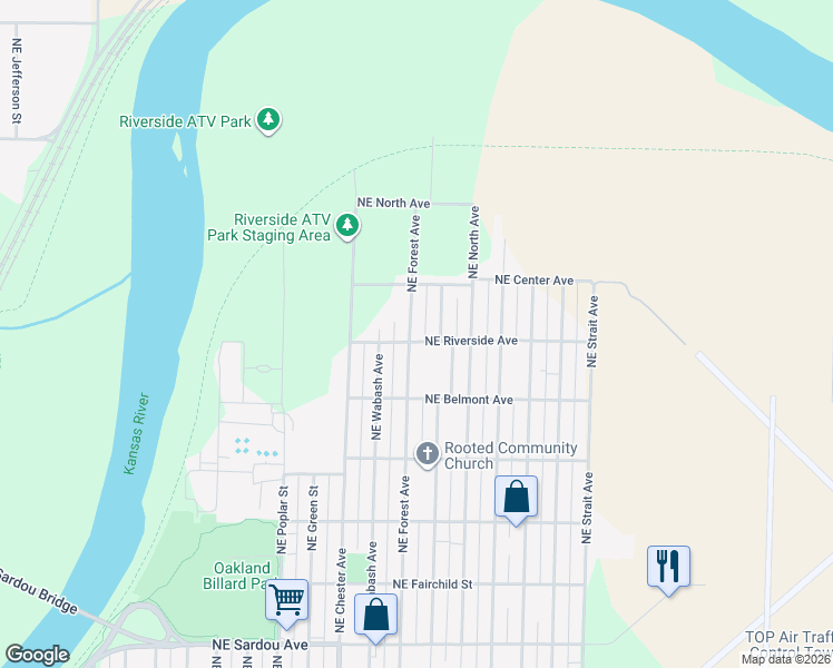 map of restaurants, bars, coffee shops, grocery stores, and more near 1243 Northeast Forest Avenue in Topeka